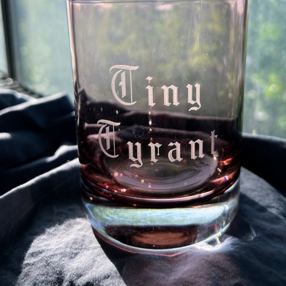 Pink Amethyst Krosno "Tiny Tyrant" Etched Double Old Fashioned Glass 16oz - Picture 2 of 6